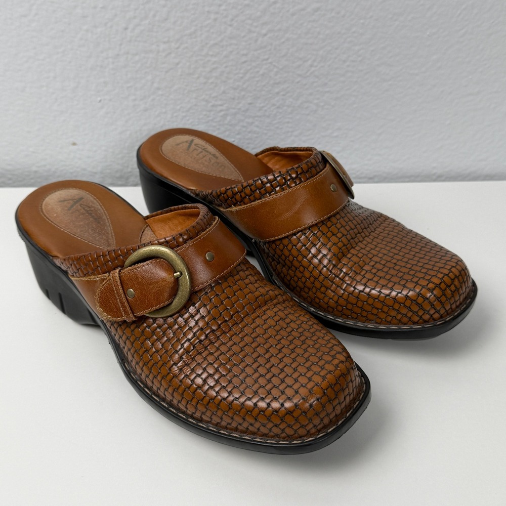 Clarks Artisan Mules Woven Leather Buckle 7.5M Brown Wedge Clogs